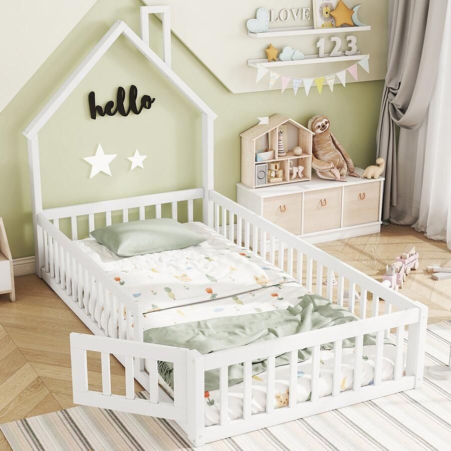 Pugsdrly Huisbed 90 x 200 cm kinderbed met schoorsteenvorm bed met lattenbodem (zonder matras) grenenhout minimalistische stijl wit