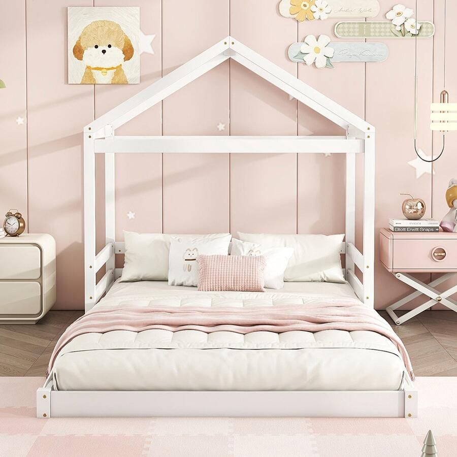 Pugsdrly Huisbed 140 x 200 cm kinderbed in de vorm van een huis met lattenbodem (zonder matras) grenenhout minimalistische stijl wit