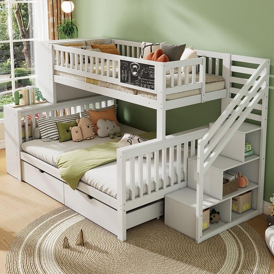 Pugsdrly Huisbed kinderbed stapelbed met graffitibord multifunctioneel kinderbed met trap en opbergkasten met lades zonder matras 140*200 cm & 90*200 cm wit