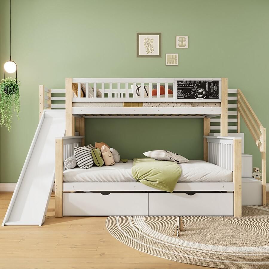 Pugsdrly Huisbed kinderbed stapelbed met graffitibord multifunctioneel kinderbed met trap en opbergkasten met glijbaan en klein bord zonder matras 140*200 cm & 90*200 cm wit