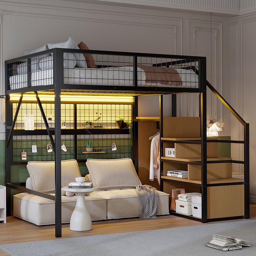 Pugsdrly IJzeren bed 140*200 cm Hoogslaper Geschikt voor kinderen en tieners Metalen frame Veelzijdig design Met opbergtrap Met open kledingkast APP-gestuurde LED-lichtlijsten Zwart
