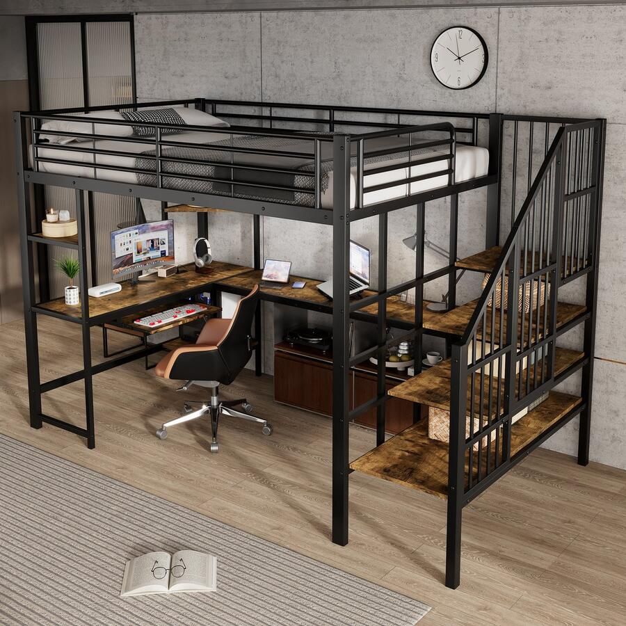 Pugsdrly IJzeren bed met oplaadaansluiting comfortabele en veilige hoektrap bureau met toetsenbordlade en opbergruimte ijzer + MDF zwart + donker 120 x 200 cm