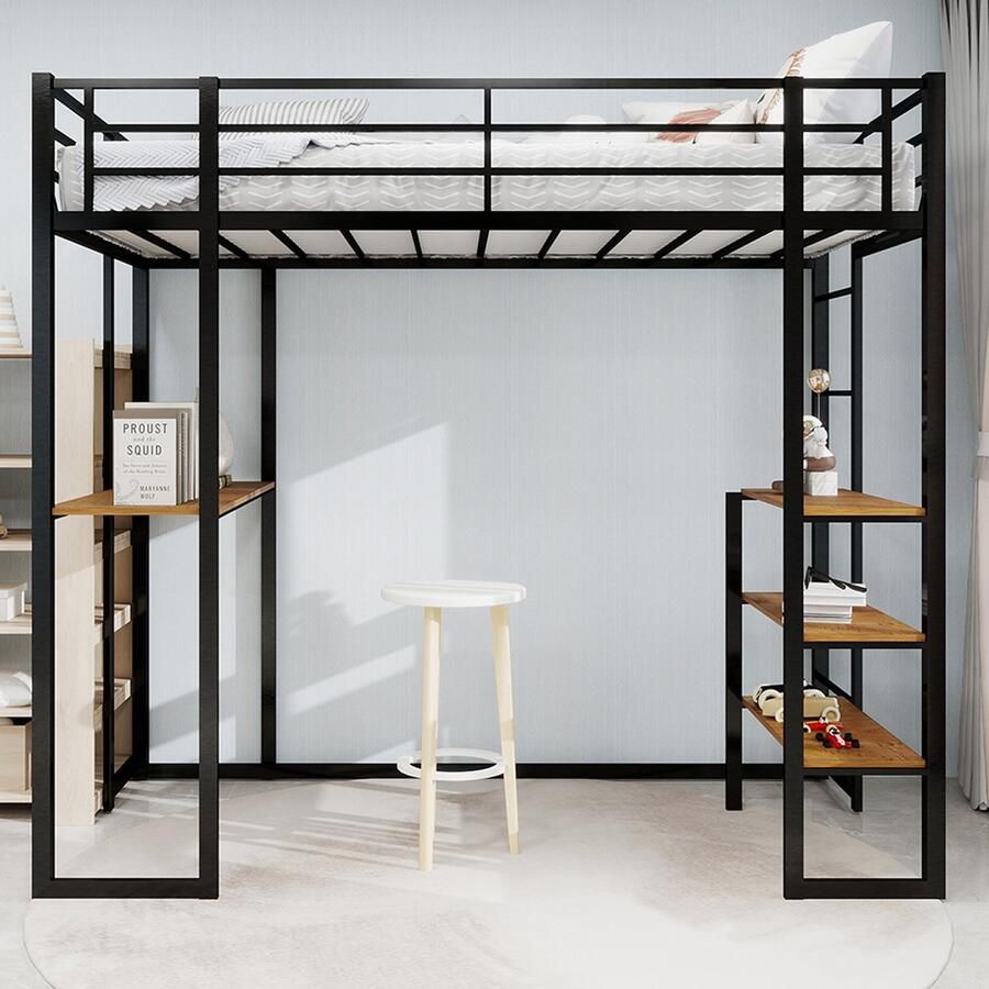 Pugsdrly IJzeren bedframe met bed en tafel kinder- en tienerbed met L-vormig bureau ijzeren bedframe met veiligheidshek en trap kan overal worden geplaatst dankzij de trap aan beide zijden