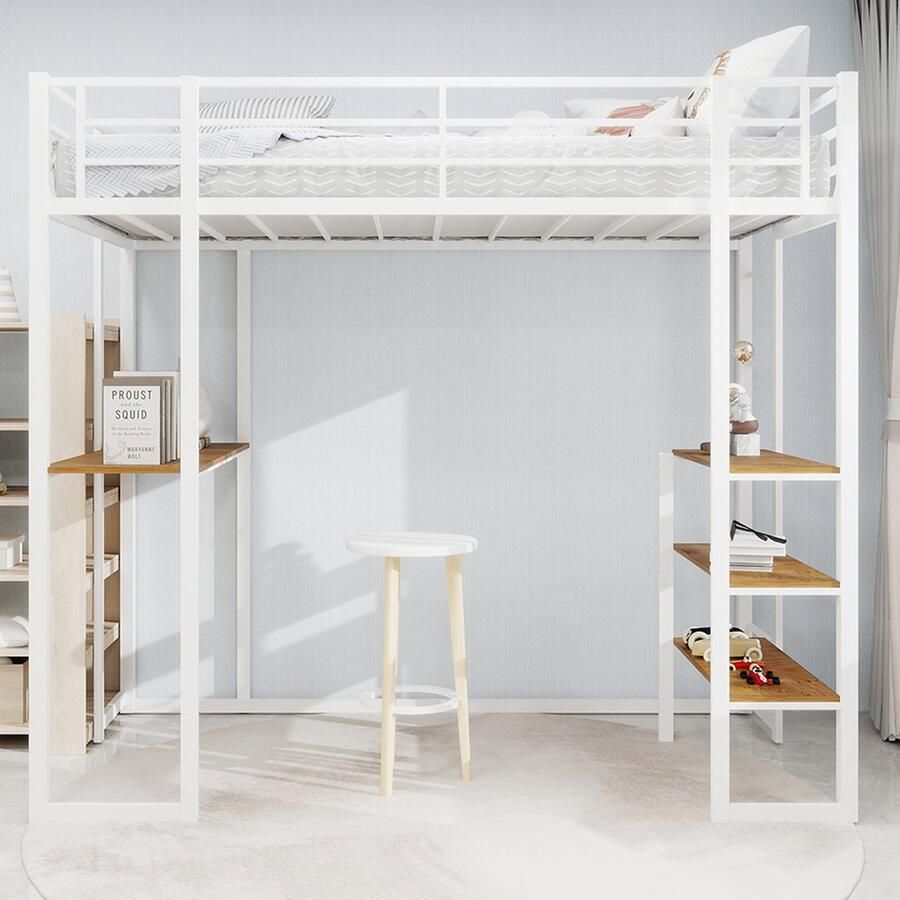 Pugsdrly IJzeren bedframe met bed en tafel kinder- en tienerbed met L-vormig bureau ijzeren bedframe met veiligheidsrail en trap met trap aan beide zijden overal te plaatsen
