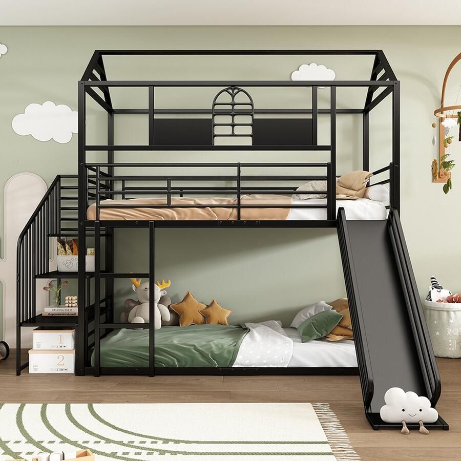 Pugsdrly IJzeren bedframe stapelbed kinderbed met dak en raam met glijbaan en zijladder geschikt voor kinderen en tieners met zijladder met valbeveiliging ijzer zwart 90x200cm