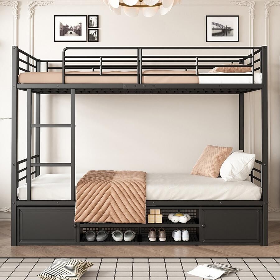 Pugsdrly IJzeren bed stapelbed open schoenenkast kleine opbergkast met dubbele deuren geschikt voor kinderen en tieners met zijladder met valbeveiliging ijzer zwart 90x200cm