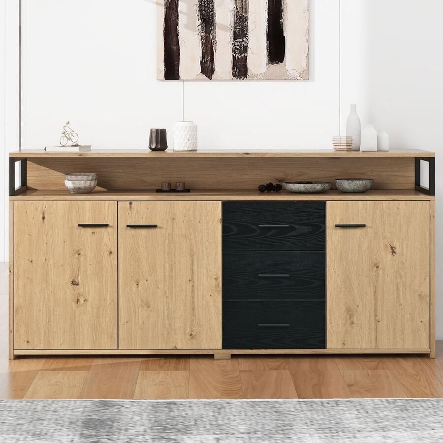 Pugsdrly Industrieel dressoir met drie deuren en drie lades Commode Keukenkast multifunctionele kast opbergkast Highboard met metalen handgrepen voor slaapkamer woonkamer en kantoor 150*35*75 9 cm