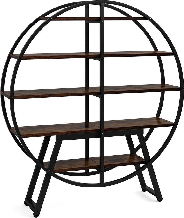 Pugsdrly Industriële boekenkast: 170 cm 5 ronde planken voor de woonkamer geometrische display Open boekenkast houten en metalen boekenkast voor zware lasten Thuiskantoor