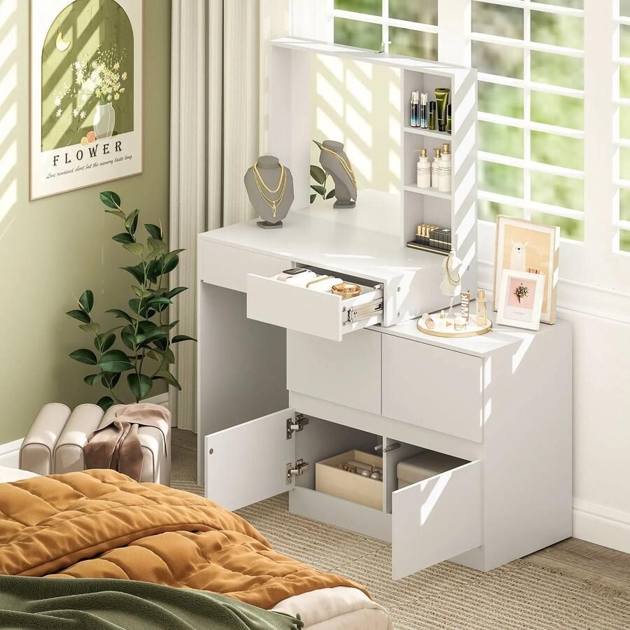 Pugsdrly Kaptafel make-uptafel met grote spiegel 4 lades 3 open vakken 2 kastjes MDF wit