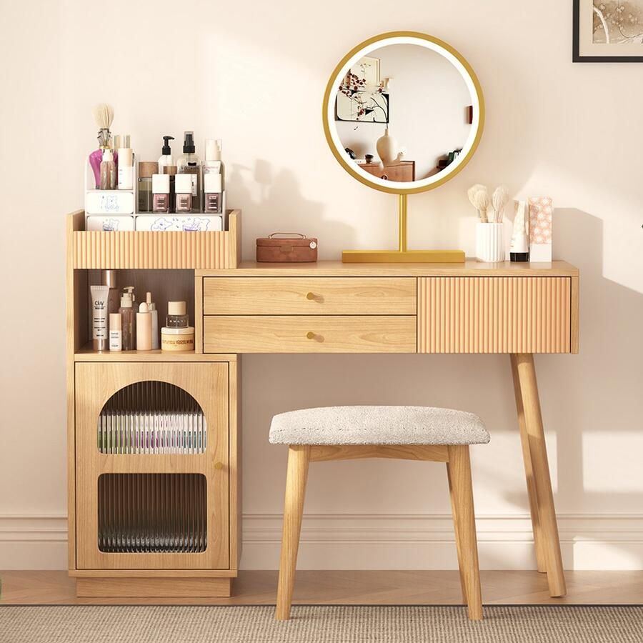 Pugsdrly Kaptafel met LED-spiegel en 3 kleuren verlichting houten kaptafel voor slaapkamer of studio Afmetingen: L120 H90 P40 cm (zonder kruk)