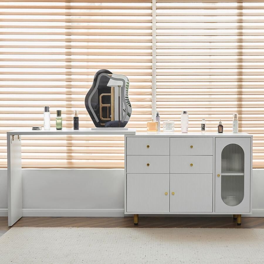 Pugsdrly Kaptafel met spiegel en verlichting uitschuifbaar blad links-rechts omkeerbaar LED-verlichting in 3 kleuren afmetingen: L100 H74 5 P40 cm (zonder kruk)