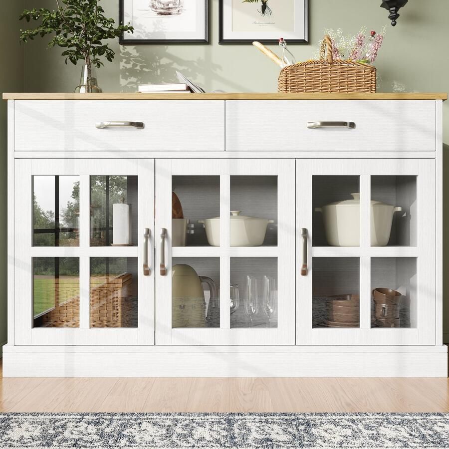 Pugsdrly Kast Buffetkast Keukenprovisie met opbergruimte – Vintage glazen kastdesign + witte kantelbeveiliging