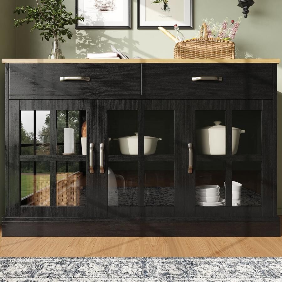 Pugsdrly Kast Buffetkast Keukenprovisie met opbergruimte – Vintage glazen kastdesign + zwarte kantelbeveiliging