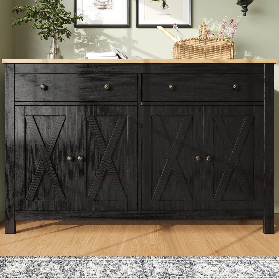 Pugsdrly Kast Dressoir Keukenkast met anti-kantel kruisgleuf opbergruimte zwart