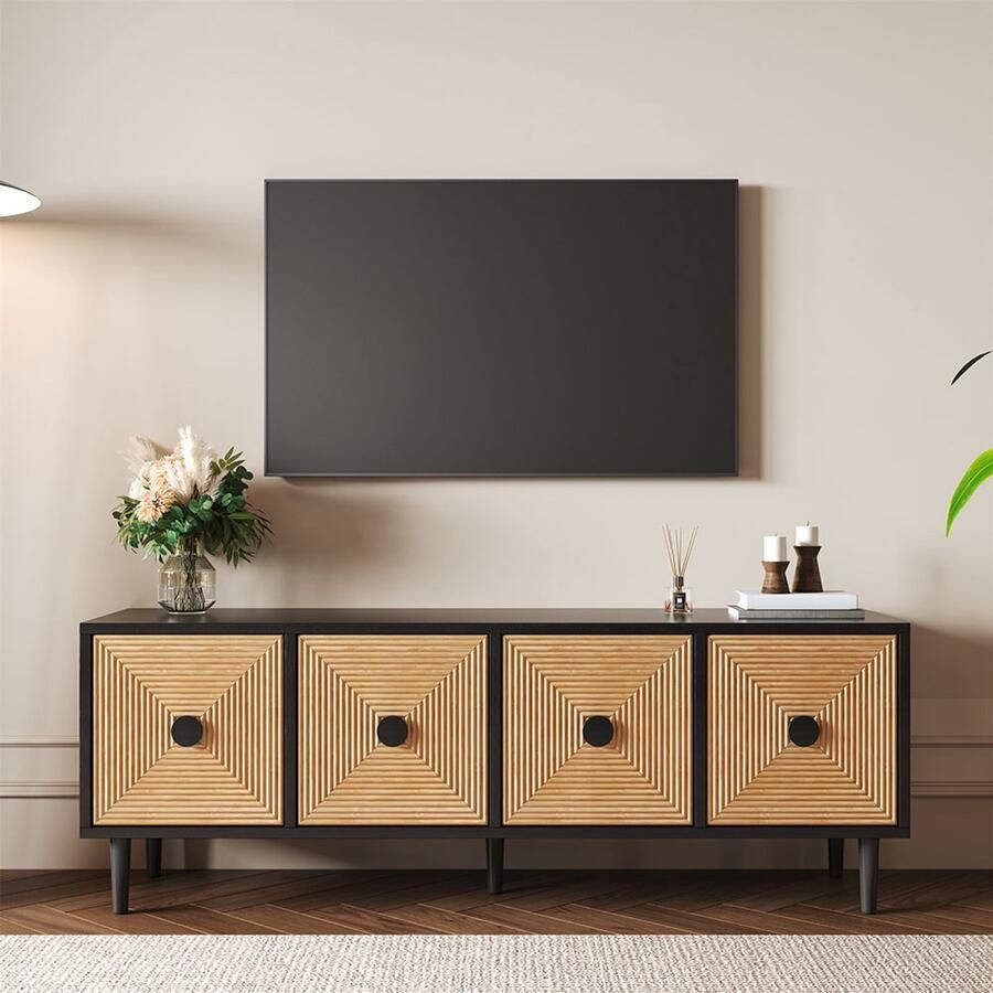 Pugsdrly Kast TV meubel 150 x 38 x 55 cm laag meubel in bamboe met opbergruimte Retro zwart