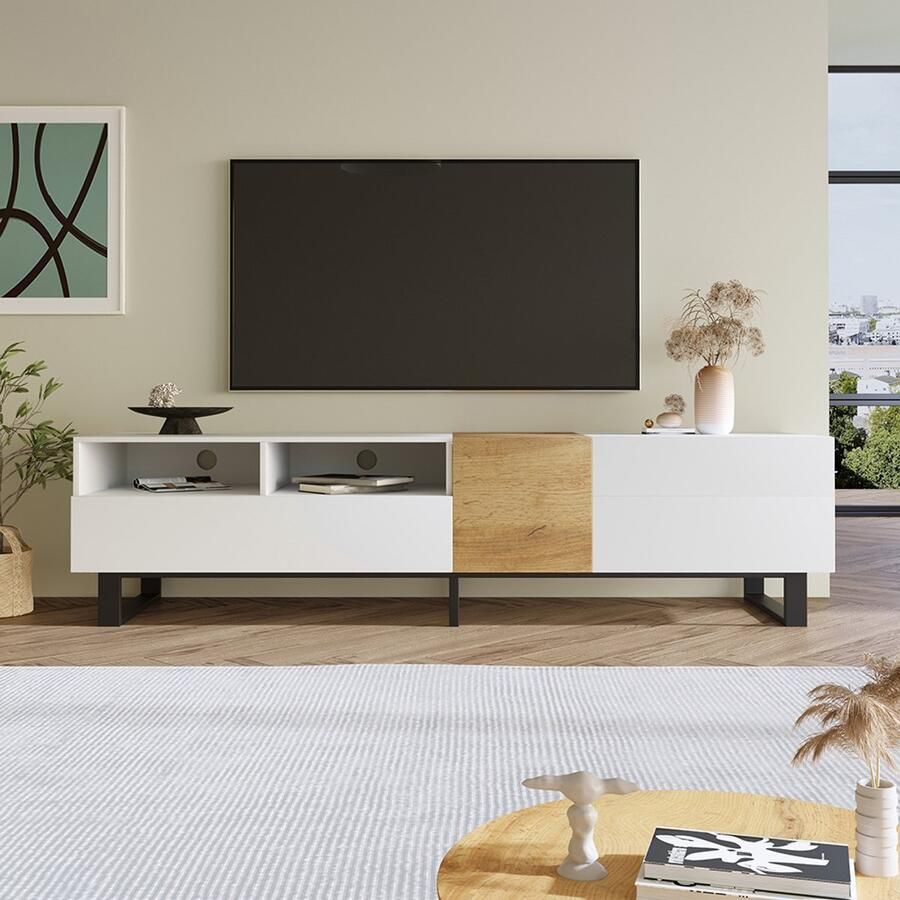 Pugsdrly Kast TV meubel Buffet 180 x 50 x 38 cm minimalistisch design wit en houten look