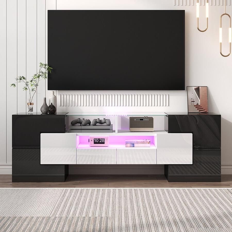 Pugsdrly Kast TV meubel Laag glanzend wit 145 cm LED verlichting woonkamer meubel Elegant glazen blad Zwart