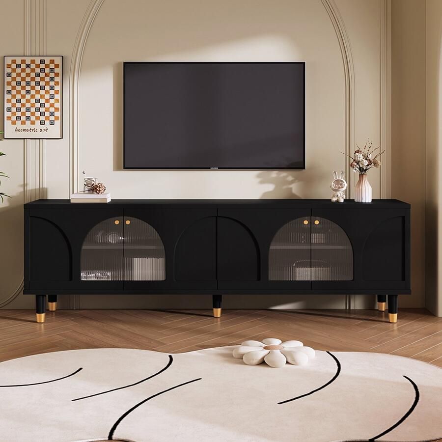 Pugsdrly Kast TV meubel met gebogen en gegroefde glazen deuren 4 deuren modern zwart