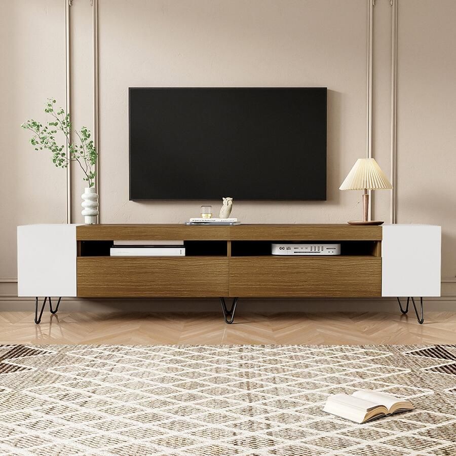 Pugsdrly Kast TV meubel Woonkamer met houten look 180 cm Retro wit