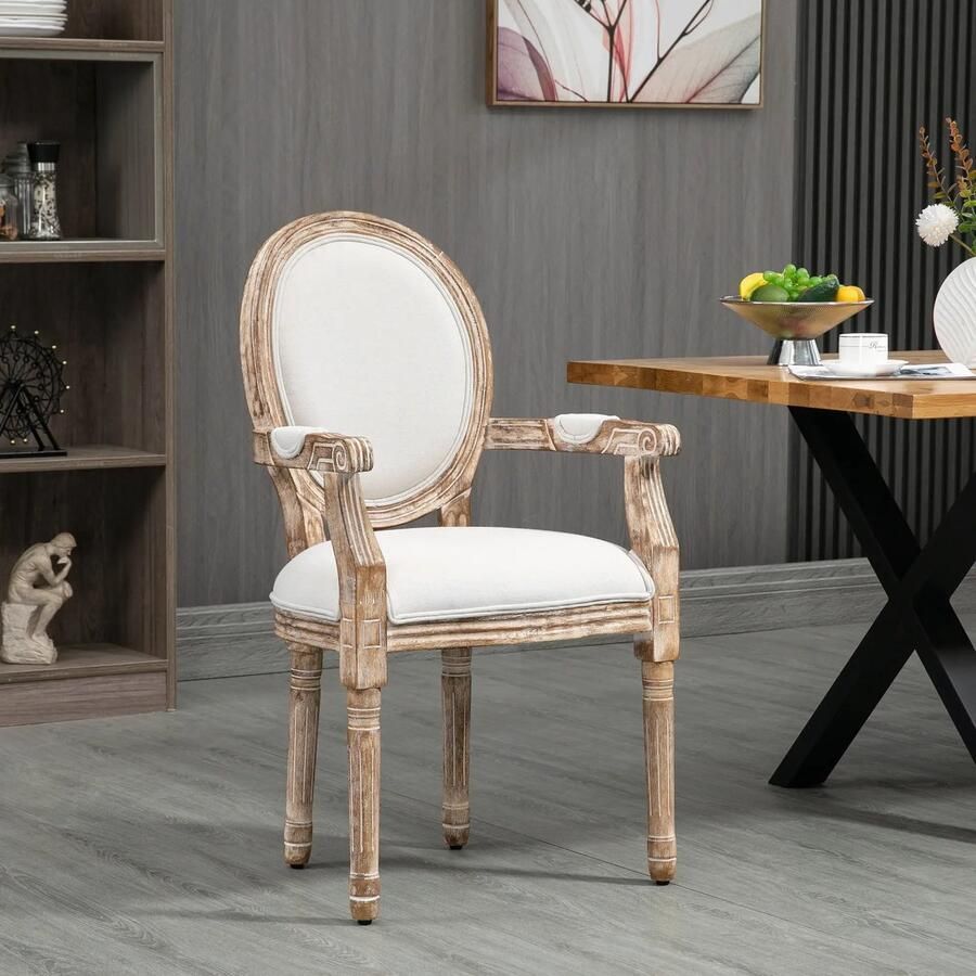 Pugsdrly Keukenstoel met armleuningen Gestoffeerde stoel Eetkamerstoel Retro-design in linnenlook voor woonkamer Rubberhout Crèmekleurig + lichte houtkleur 56 x 56 x 96 cm