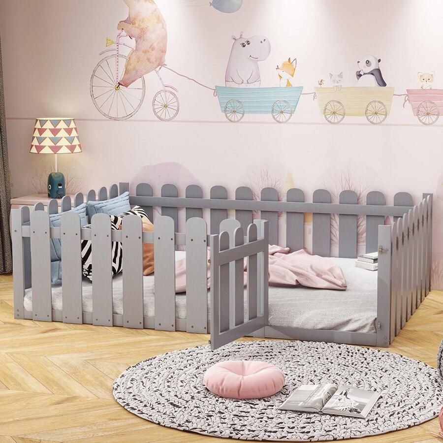 Pugsdrly Kinderbed 140 x 200 cm houten bedframe met rand en deur grijs