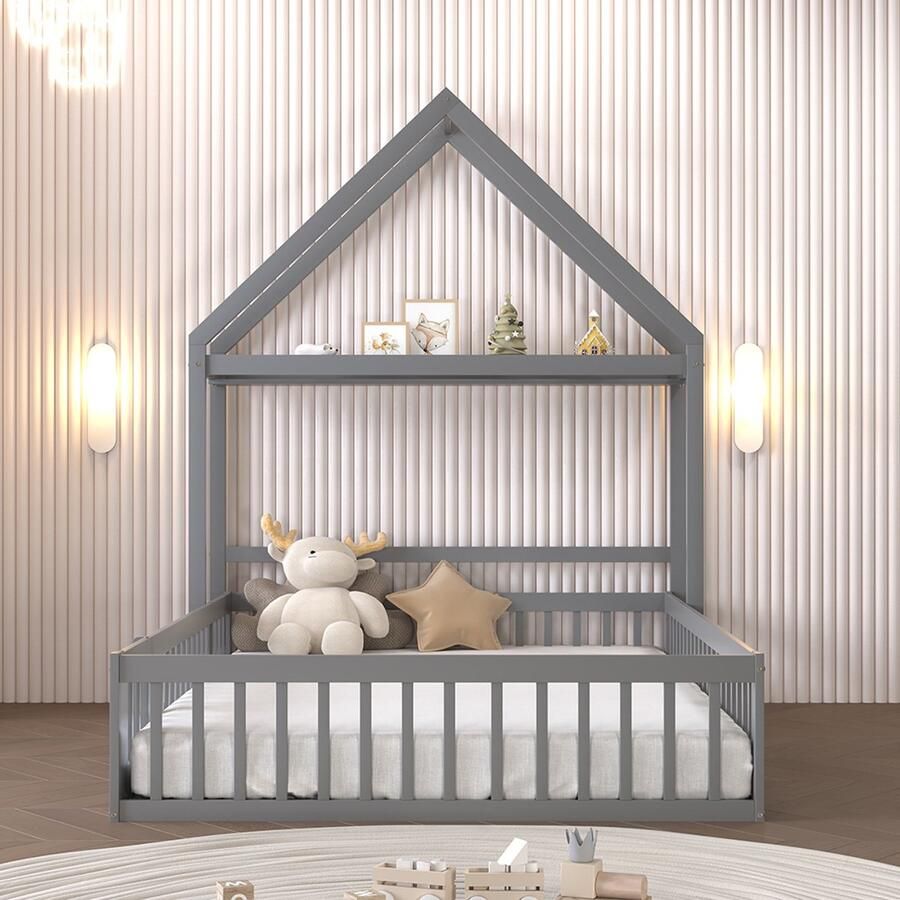 Pugsdrly Kinderbed 140 x 200 kinderbedframe van massief hout met opbergruimte volledige beschermhekken en deuren en lattenbodem grijs