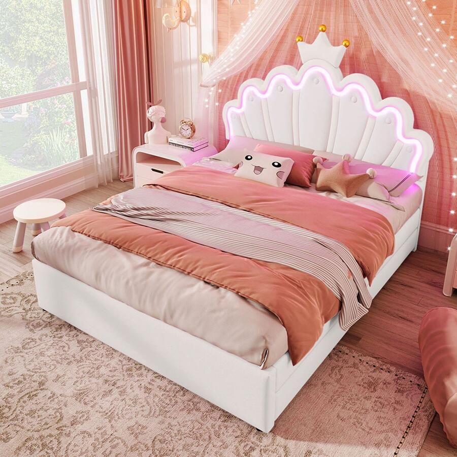 Pugsdrly Eenpersoonsbed Kinderbed met 2 lades Dubbel bed 140x200 cm afstandsbedienbare sfeerverlichting prinsessenbed in kroonvorm verstelbare hoofdeinde PU wit