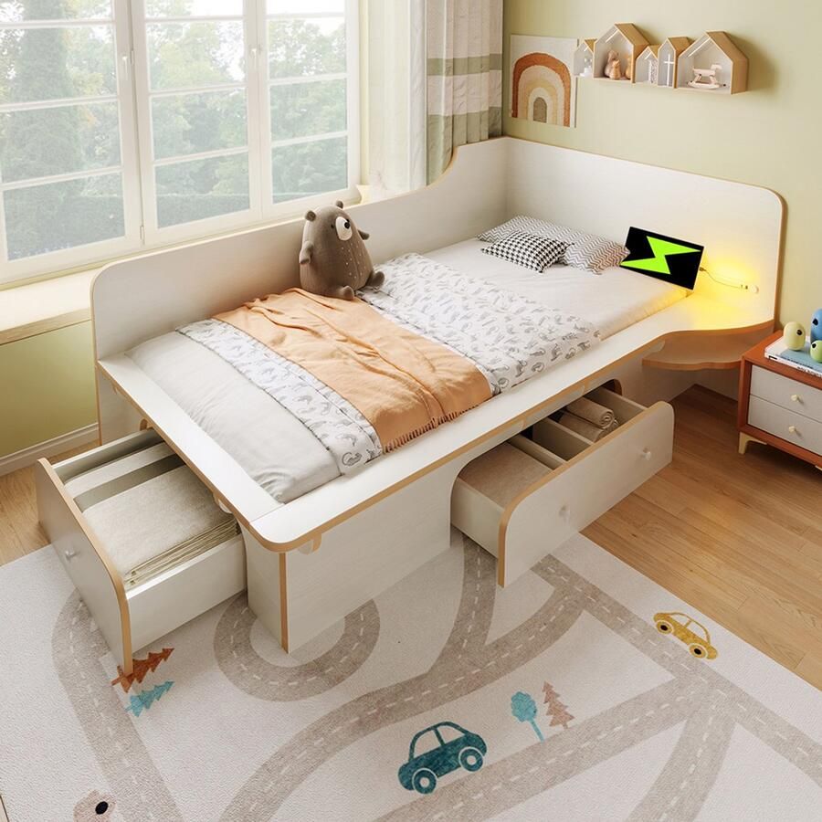 Pugsdrly Kinderbed 90 x 200 cm houten bed met leeslampje USB type C en 3 lades bedframe voor volwassenen kinderen en tieners antislipontwerp wit