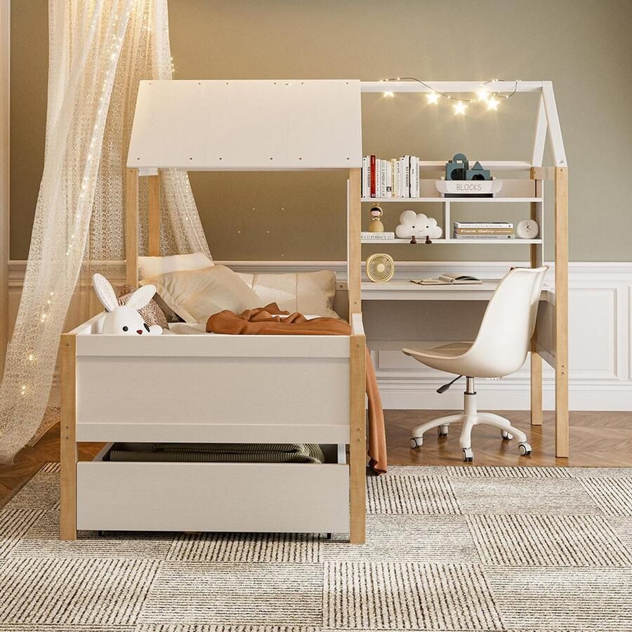 Pugsdrly Kinderbed 90 x 200 cm met veiligheidshek en lattenbodem L-vormig bureau en boekenkast lades op wieltjes multifunctioneel bed van massief hout wit