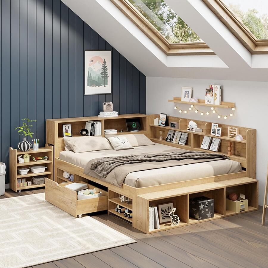 Pugsdrly Kinderbed bed met opbergruimte massief houten bed 140 x 200 cm eenpersoonsbed multifunctioneel kinderbed met nachtkastje lades planken opbergkast met draadloos opladen zonder matras naturel