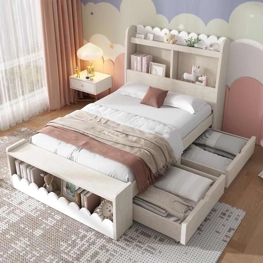 Pugsdrly Kinderbed eenpersoonsbed met opbergruimte laden plank en bank met opbergruimte houten bed 90x200 cm bedframe en lattenbodem van hout wit met eikenkleur (zonder matras)