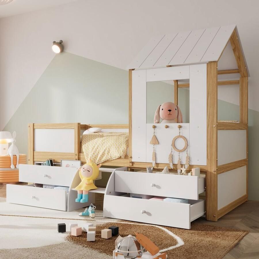 Pugsdrly Kinderbed halfhoog bed huisbed met dak en raam hek aan vier zijden met 4 lades en kleine trap grenen + MDF + multiplex wit + naturel 90x200cm