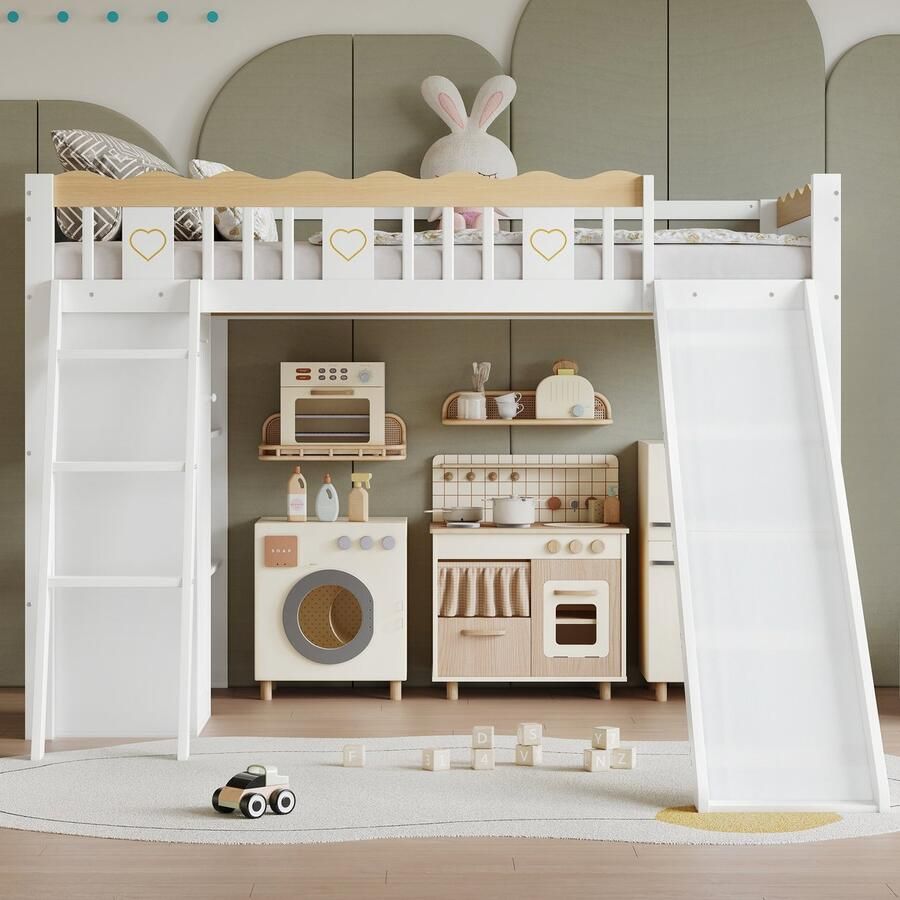 Pugsdrly Kinderbed met kinderslide kledingkast en opbergkast onder het bed vierzijdige omheining met prachtige patronen grenen + MDF + multiplex wit + naturel 90 x 200 cm