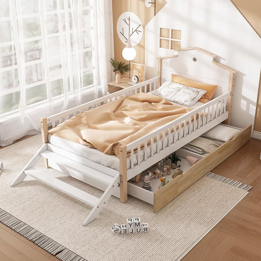 Pugsdrly Kinderbed met valbeveiliging en spijlen met zijladder uniek dakontwerp tieners en volwassenen vlakke bedden houten bedden frame van grenen + MDF wit + naturel 90x200cm