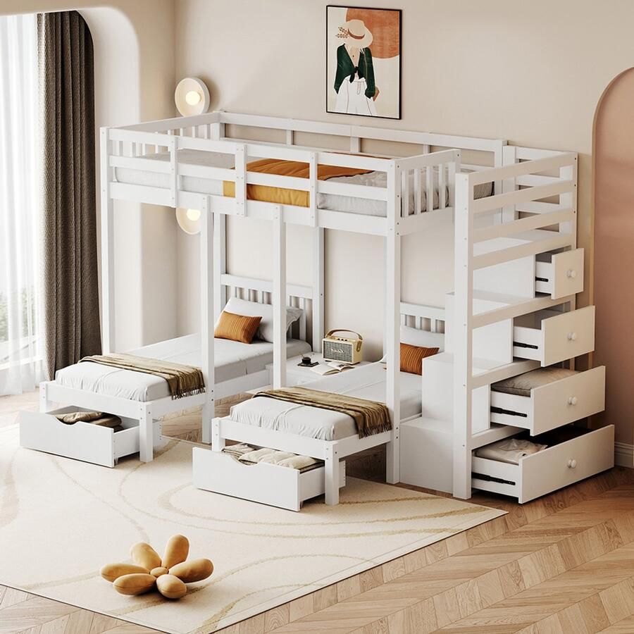 Pugsdrly Kinderbed van massief hout 90*200 cm stapelbed met opberglades en veiligheidsladder veiligheidshek met nachtkastje wit