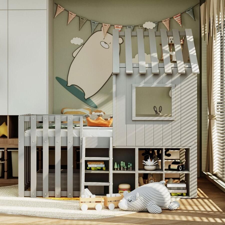 Pugsdrly Kinderhuisbed 90x200 met dak en raam met open opbergruimte met ladder stapelbed voor kinderen van massief hout zonder matras grijs