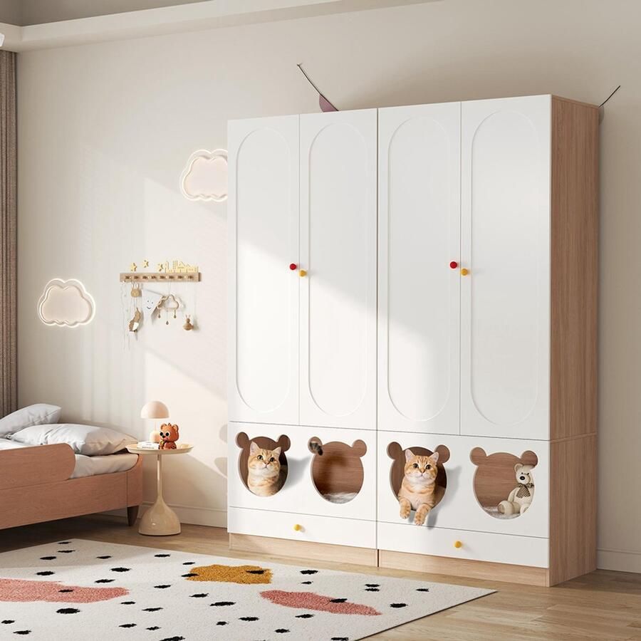 Pugsdrly Kinderkast gecombineerde kast in 2 delen met kledingroede met kattenbed gelakte panelen + spaanplaat keramische handgrepen wit + naturel houtkleur 160 × 50 × 200 cm