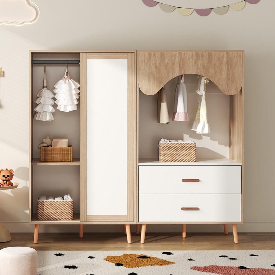 Pugsdrly Kinderkast kast met schuifdeuren + open kast gecombineerde set voor kinderkamer gecombineerde meubels kleurencombinatie wit + naturel hout hoogte 141 5 cm
