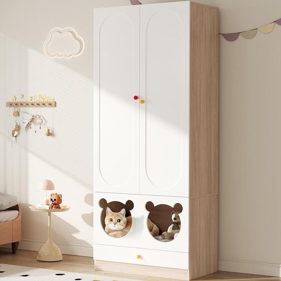 Pugsdrly Kinderkast met kledingroede met kattenbed gelakte panelen + spaanplaat gekleurde keramische handgrepen wit + natuurlijke houtkleur 80 × 50 × 200 cm geschikt voor een slaapkamer