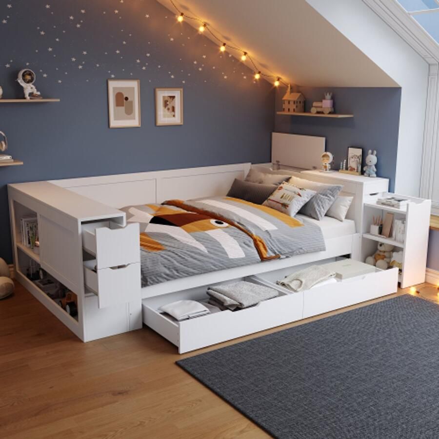 Pugsdrly Kinderslaapbank 90 x 200 cm eenpersoonsbed multifunctioneel kinderbed met lades planken en opbergruimte met nachtkastje met opbergruimte zonder matras wit