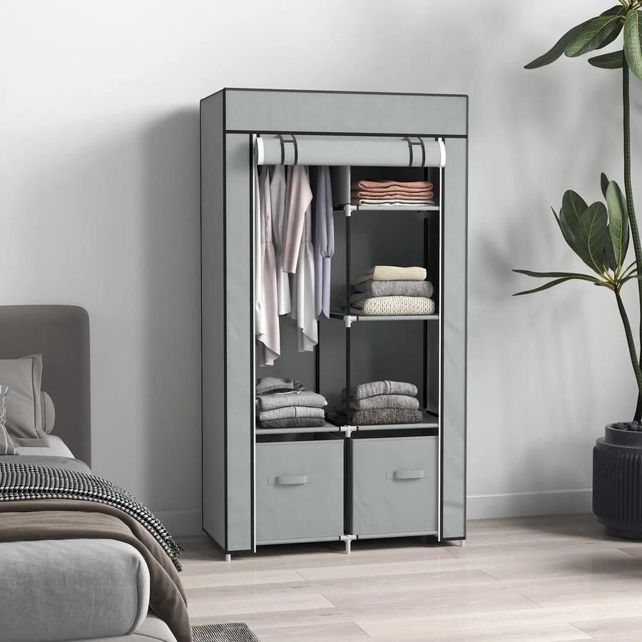 Pugsdrly Kledingkast stoffen kast 1 kledingstang 2 lades 83 x 42.5 x 162.5 cm grijs
