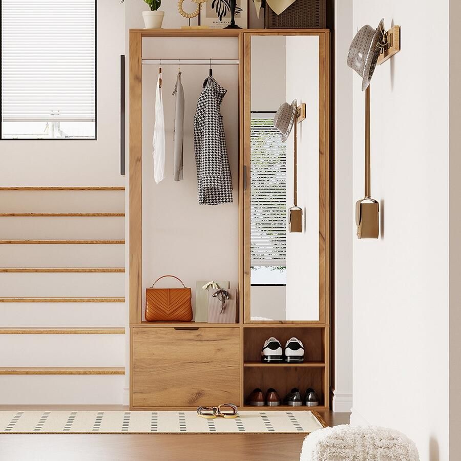Pugsdrly Kledingkasten 100*33*190 cm met vestibule 6-in-1 halmeubel voor het ophangen van jassen vestibulekast met droogrek kledingkast en spiegel breedte 100 cm kast met onderdeur houtkleur