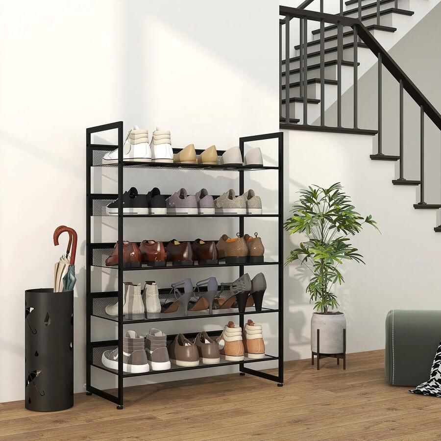Pugsdrly Kleine schoenenrek Schoenenrek hoog smal 5 planken 72 cm x 30 cm x 102 cm zwart