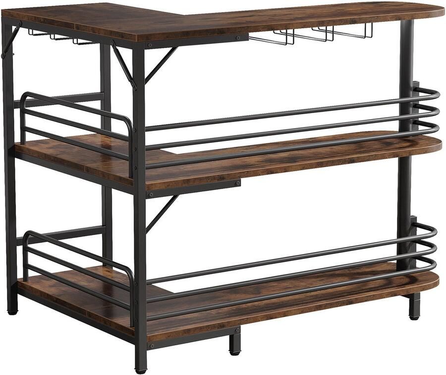 Pugsdrly L-vormige bartafel bistrotafel met 3 niveaus plank flessenrek en glazenhouder industriële hoektafel voor keuken woonkamer industrieel design rustiek bruin