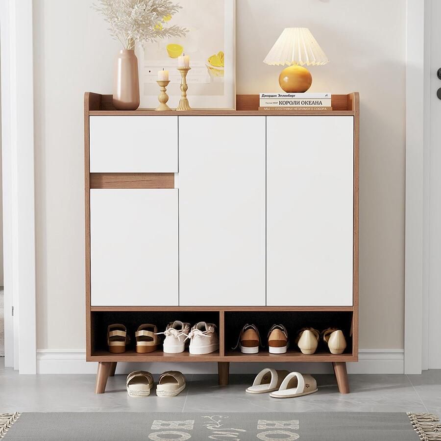 Pugsdrly Commode dressoir schoenenkast met verstelbare planken – Minimalistische opbergruimte met massief houten poten – Afmetingen: H99 cm x B90 cm x D35 cm