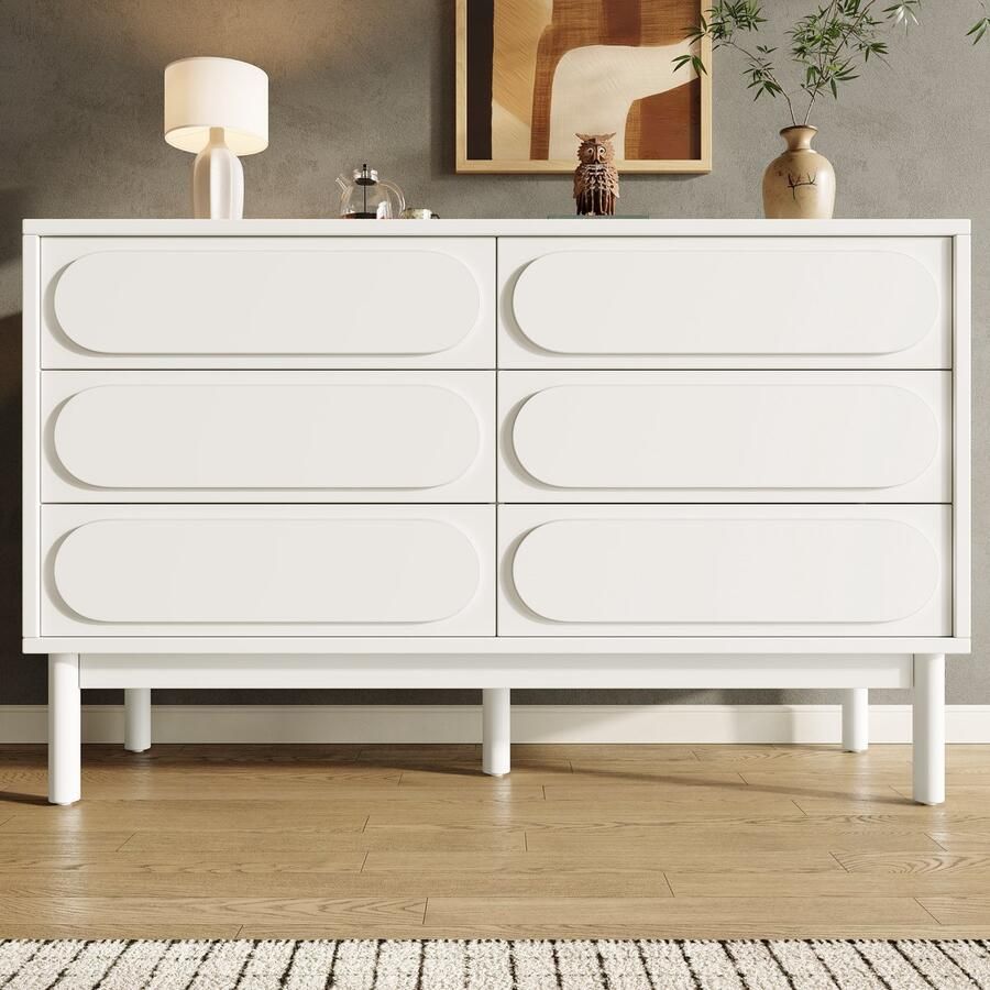 Pugsdrly Ladekast wit eetkamermeubel eenvoudig en modern geschikt voor de slaapkamer woonkamer eetkamer driedimensionaal ontwerp van de deuren verstelbare poten 6 ruime lades