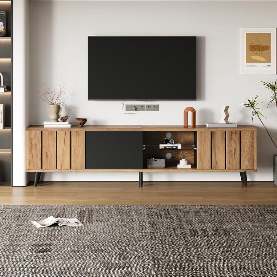Pugsdrly Lage tv-meubel 175*31 5*45 cm tv-meubel voor de woonkamer tv-meubel met 3 kasten eenvoudig woonkamermeubel met originele houtkleur + zwarte verbindingsstukken geschikt voor 75 inch tv's