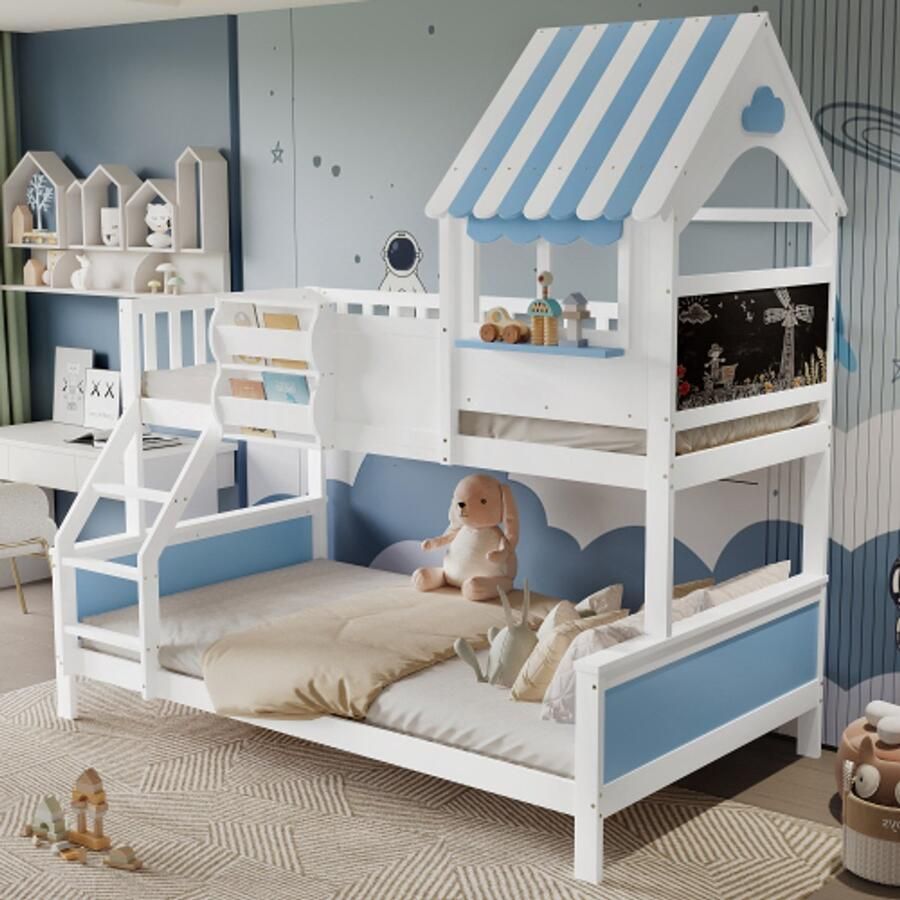 Pugsdrly Learnlogic Stapelbed kinderbed met opbergkast met drietraps schuine ladder unieke raamvorm graffitibord aan de zijkant grenen + MDF wit + blauw 90x200cm & 120x200cm