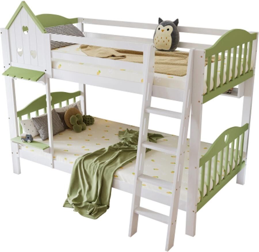 Pugsdrly Learnlogic Stapelbed kinderbed met valbeveiliging en leuning met dak en raam open plank prachtig massief houten hek met viertrapsladder massief houten frame grenen + MDF wit + groen 90 x 200 cm