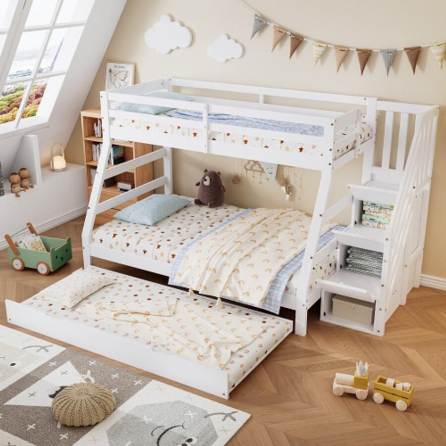Pugsdrly Learnlogic Stapelbed met uitschuifbed kinderbed met ladderkast en leuning met veiligheidshekje aan alle kanten grenen+MDF wit 90x190CM uitschuifbed 90 120x200CM